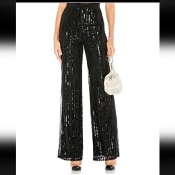 Tory Burch Silk Lined Elegant Black Wide Leg Sequin Trousers