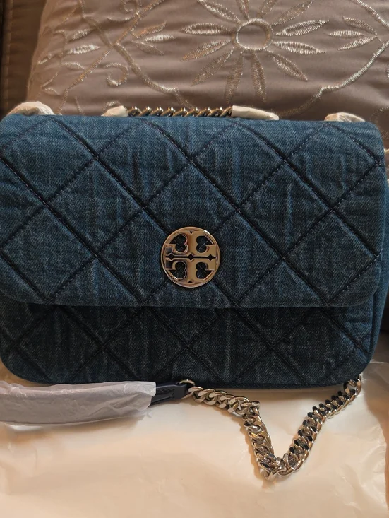 Tory Burch Quilted Denim Shoulder Bag with Gold Chain