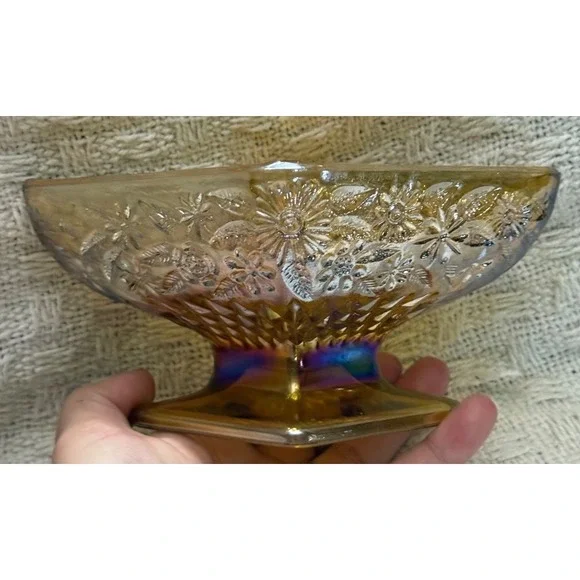 Vintage amber Marigold Carnival Glass  Footed Candy Dish 3x6.5in