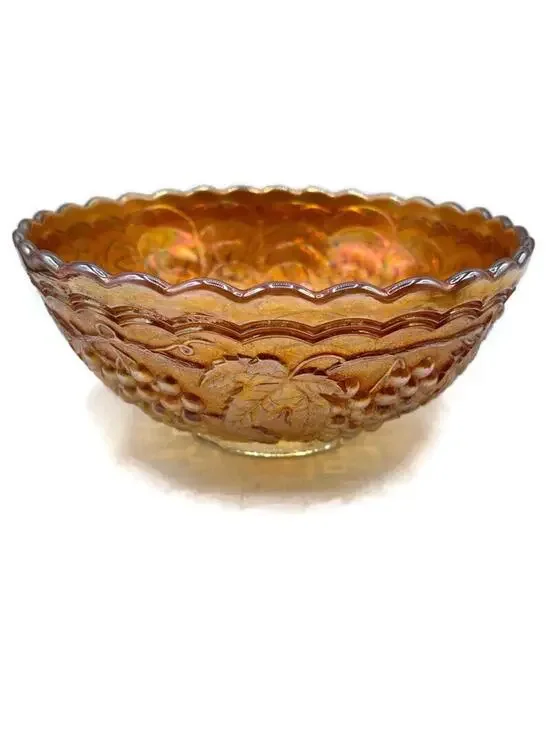 1920s Imperial Carnival Glass Bowl: Marigold Grapes & Leaves, Autumn Decor