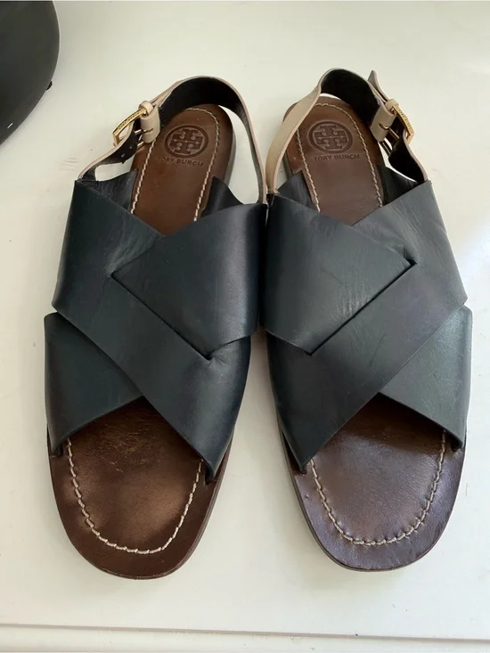 Tory Burch sandals size 8.5 blue and Tan Leather Crisscross Slingback Sandals