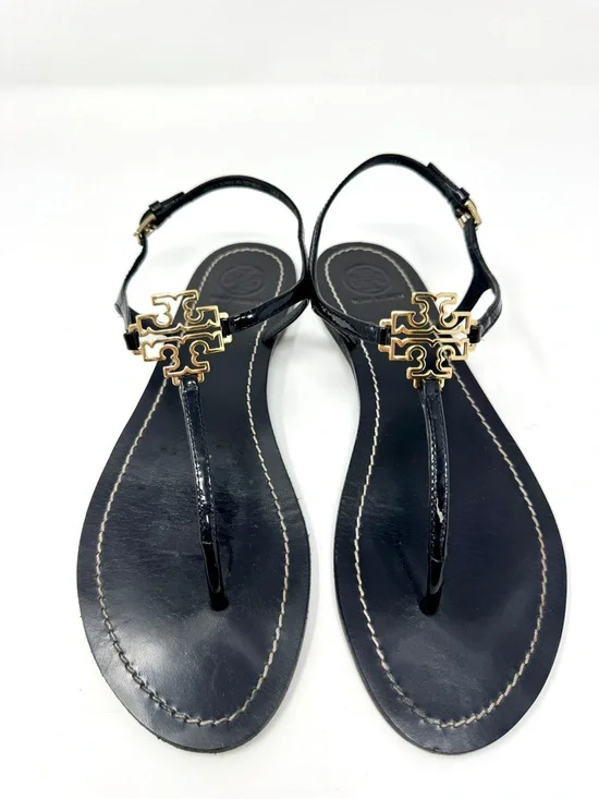 Tory Burch Capri Strap Sandal Black Leather with Gold Logo Accent