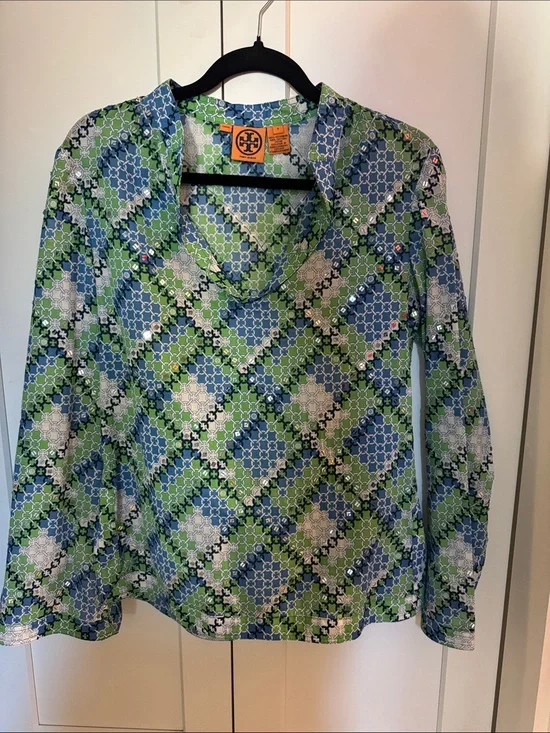 Tory Burch Green & Blue Geometric Floral Silk Shirt