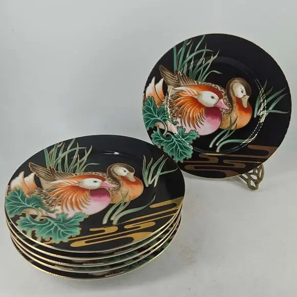 Vintage set of 6 Fitz and Floyd Mandarin Marsh porcelain salad plate