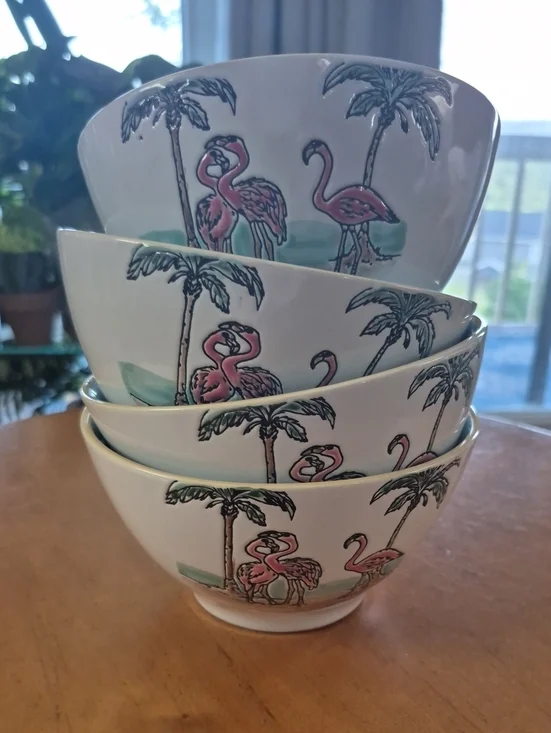 Eli + Ana Pink Flamingo Palm Tree Ceramic Cereal Bowls. Set of 4