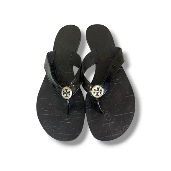 Tory Burch Flip Flop Sandals Women's Size 10M Thora Shoes Black Patent Summer