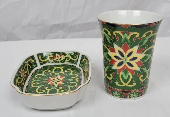 Kashmir Takahashi San Franscisco 1981 Hand Decorated Rectangular Bowl and Cup