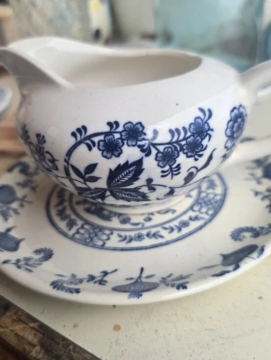 Vintage Onion Bloom Blue Transferware Creamer And Bread Plate Back Stamp Japan