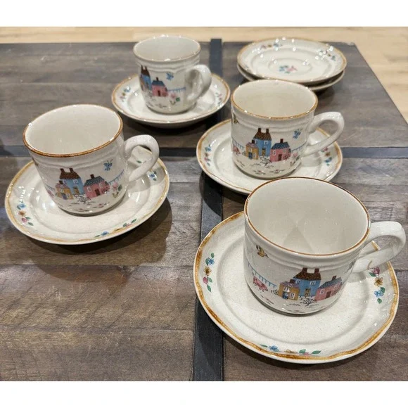 International Stoneware Heartland Village Cup and Saucer Set Japan 10 Piece