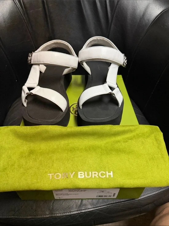 Tory Burch White Platform Sport Sandals with Black Footbed
