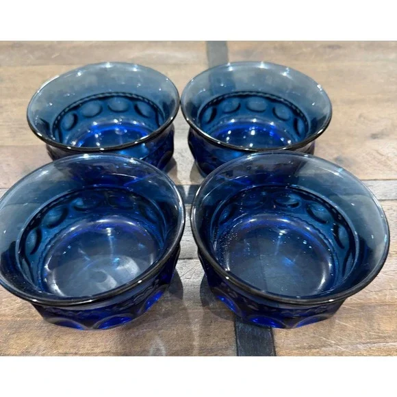 4 Vintage Cobalt Blue Glass Dessert Bowls Thumbprint Kings Crown Mid Century Set