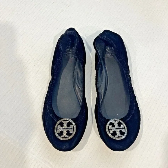 Tory Burch Black Violet Velvet Crystal Embellished Ballet Flats Size 7.5 Shoe