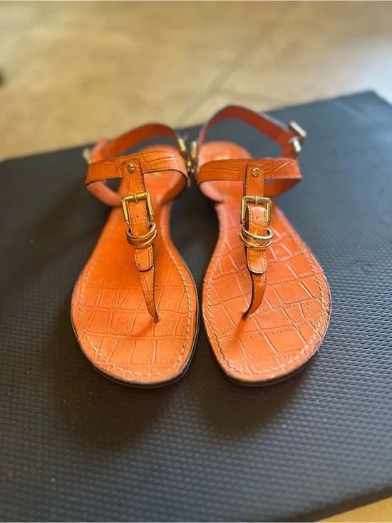 Tory Burch Trent Shiny Orange Croc-Embossed Sandals Size 8 w/ Box