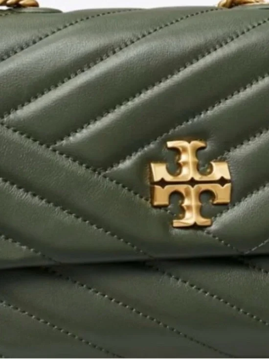Tory Burch Olive Green Quilted Chevron Crossbody with Gold Logo