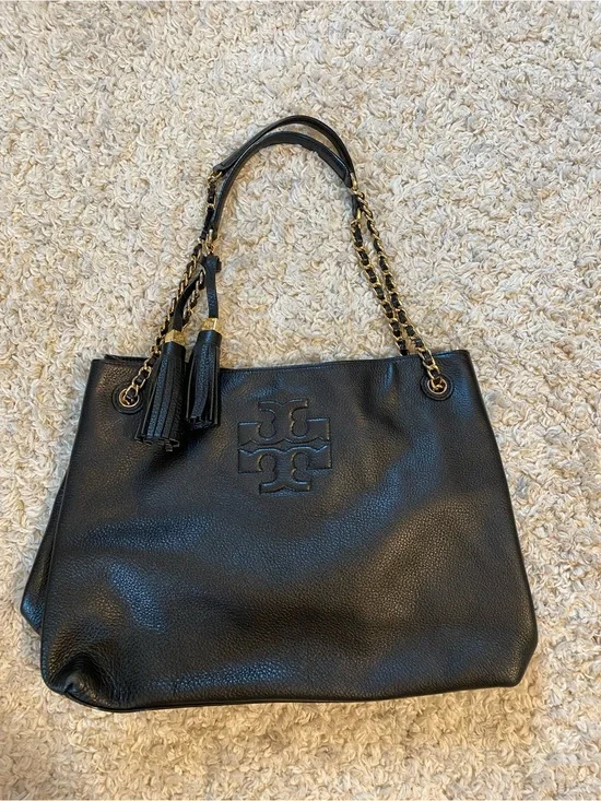 Tory Burch Black Pebbled Leather Tote with Chain-Strap and Tassels
