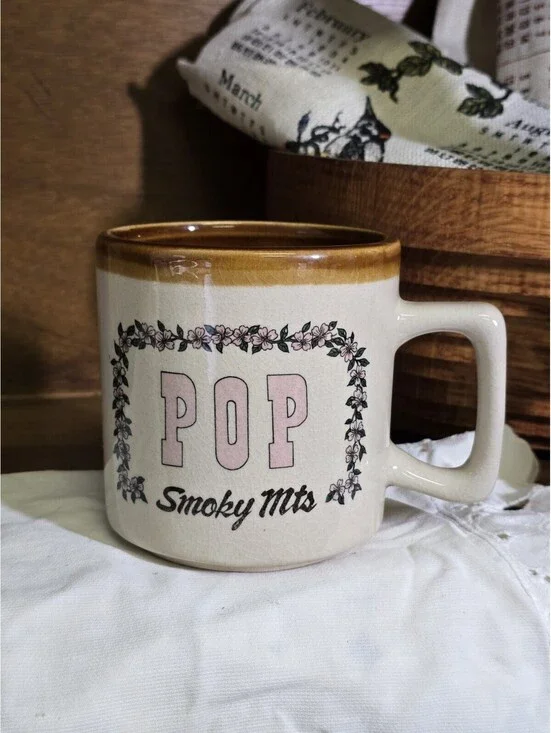 Vintage POP Mug Retro Brown Tan Ceramic Coffee Cup Smoking Mountains