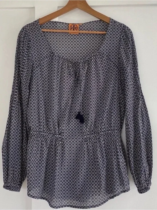 TORY BURCH Evelina Voile Tunic Blouse Top Navy Blue White Print