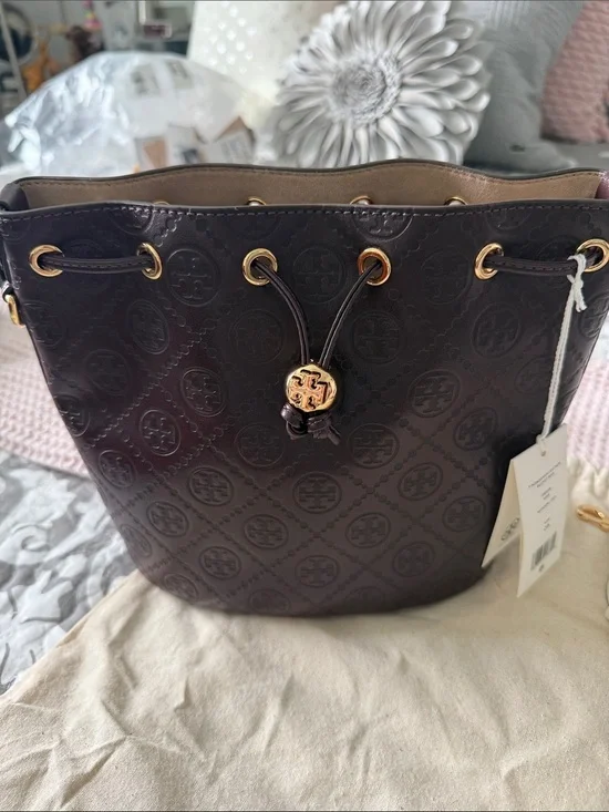 Tory Burch Embossed Maroon Leather Drawstring Bucket Bag with Gold Hardware NWT