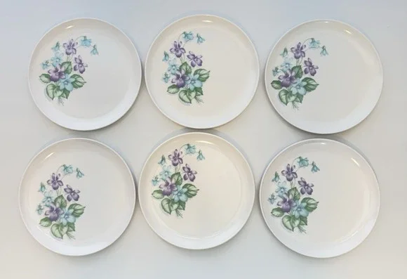 Set of 6 Royalon Melmac Violet Corsage Purple Floral Dinner Plates 9.5