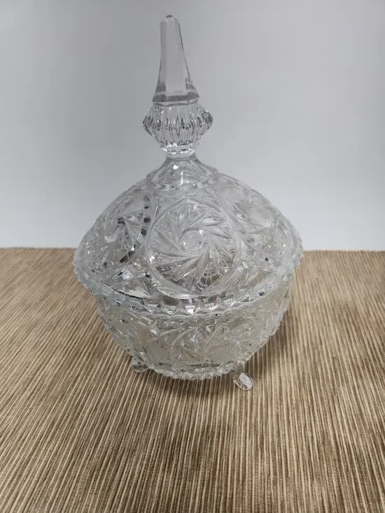 Vintage Cut Crystal Covered Candy Dish 3 Footed Lidded Trinket Bowl Pinwheel