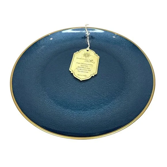 Turkish Glass 4 Entree Dinner Plates Set Blue Textured Gold Rim 11