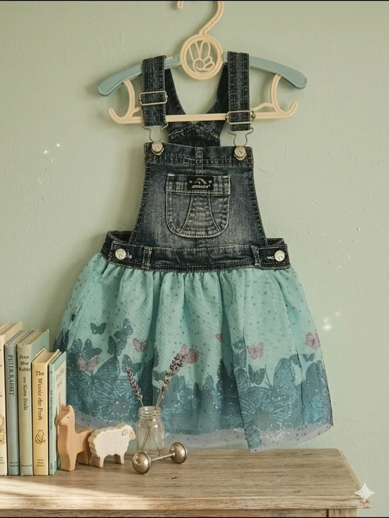 ​Jordache Denim & Tulle Butterfly Dress Toddler Girls Size 2T Blue Mint Green