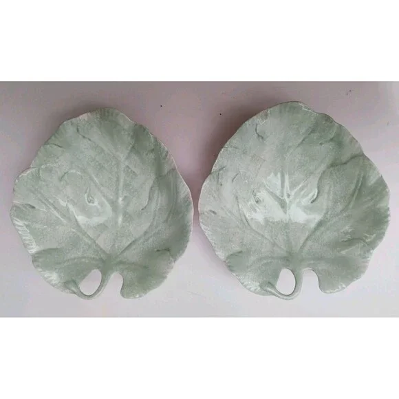 Villeroy & Boch French Garden Leaves Ceramic Green Leaf Dessert Bowls Pair 7”