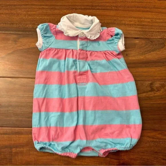 Ralph Lauren pink/blue stripe short sleeve polo romper