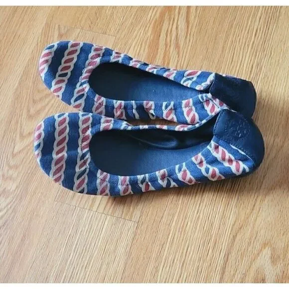 Tory Burch Fabric Upper Leather Red White Blue Ballet Flats Women's Size 7