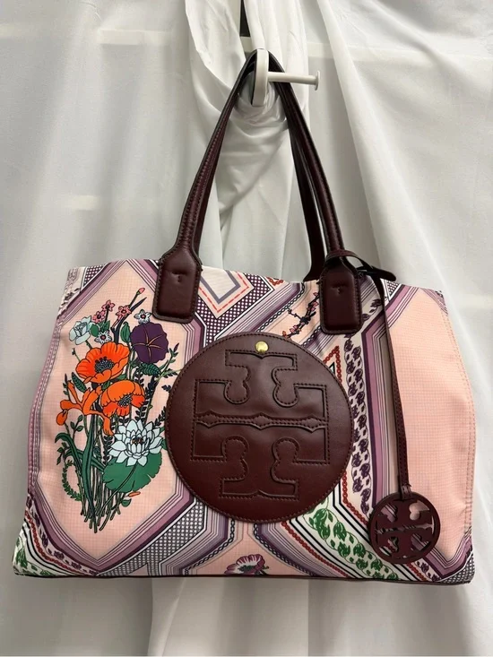 Tory Burch Pink Floral Logo Tote with Brown Leather Trim