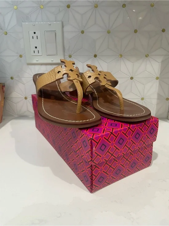 Tory Burch Tan Leather Miller Thong Sandals