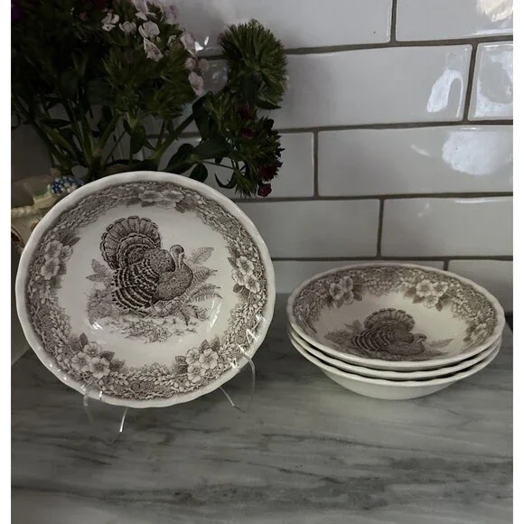 4 Queen’s Myott Thanksgiving Turkey cereal / soup bowls Myott factory Archive