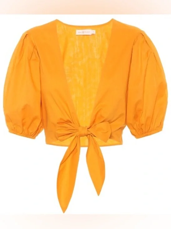 Tory Burch Tie-Front Puff Sleeve Top - Bright Orange