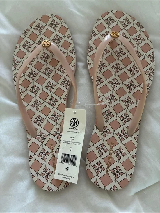 Tory Burch Blush Pink Logo Pattern Flip Flops