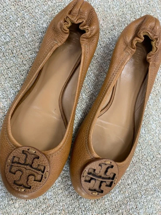 Tory Burch Cognac Leather Logo Ballet Flats