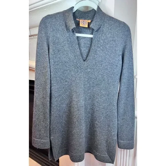 Tory Burch Soft 100% Cashmere Graphite Grey V-Neck Tunic Sweater Sz Small