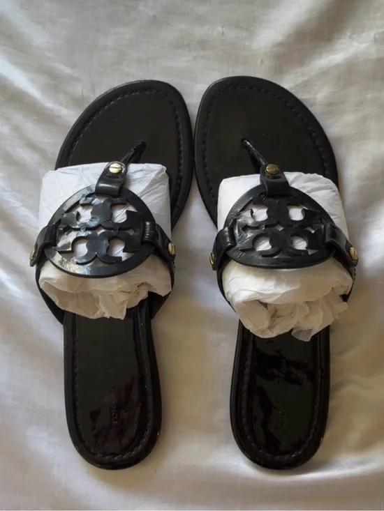 Tory Burch Black Leather Logo Thong Slide Sandals
