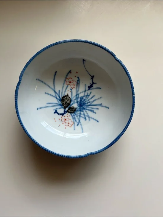 Vintage Japanese Blue and White Decorative Porcelain Bowl with Floral Motif