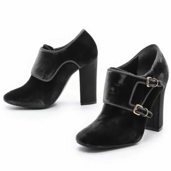 Tory Burch‎ Carley Velvet Booties Gray Grigio Block Heel Buckle Shoes 6.5M