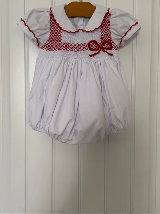 Henry Duvall Eloise Hand-Smocked Bubble Romper Red & White Size 6-12 Months