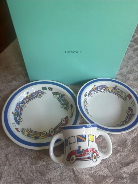 Vintage Tiffany & Co. Race Cars 3 Pc Children's Dinner Set
