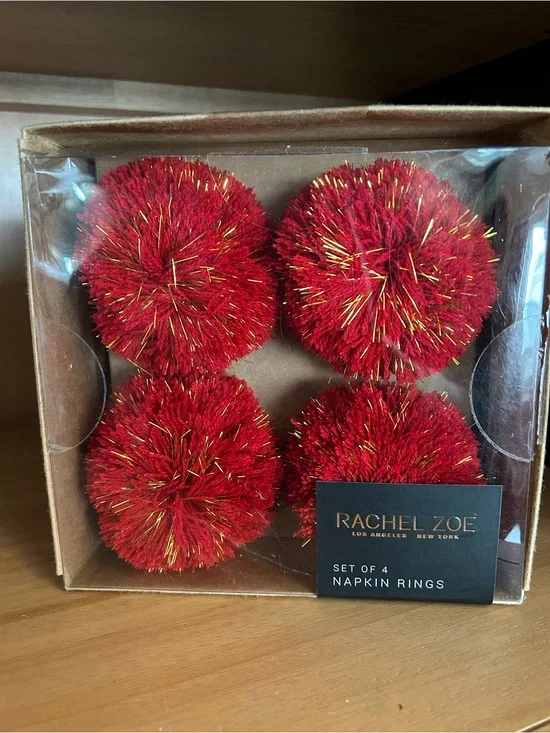 Rachel Zoe Red and Gold Pom-Pom Napkin Rings, Set of 4