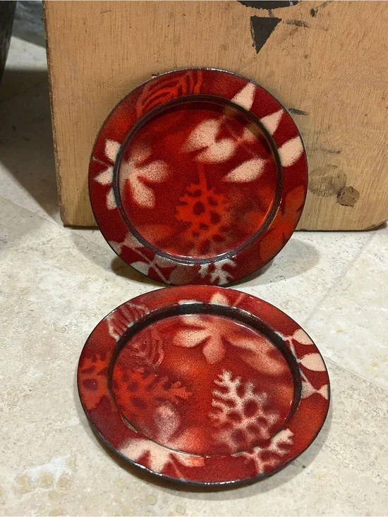 vintage handmade enamel on copper decorative red Drink Coaster Set of 2