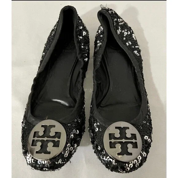 TORY BURCH REVA BLACK SEQUIN LOGO FLATS SIZE 7M