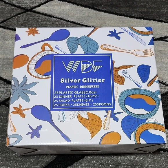 WDF 150 PIECE SILVER GLITTER PLASTIC DINNERWARE DISPOSABLE TABLEWARE SET 7# PRF