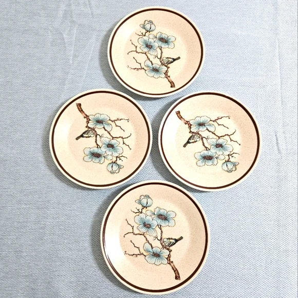 Vintage LENOX Softwind‎ (4) Salad Plates 1970s USA Made Floral Blue Tan 6