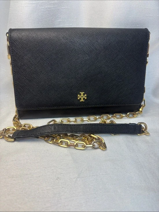Tory Burch Black Saffiano Leather Crossbody with Gold Chain Strap