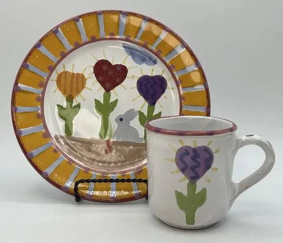 Rabbit Heart Flowers Childs Dining Set Plate Cup Hand Painted Pottery Hungary