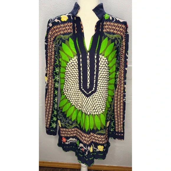 Tory Burch Women Sz 12 Navy Green Floral Medallion Tunic Side Zip Cotton Top
