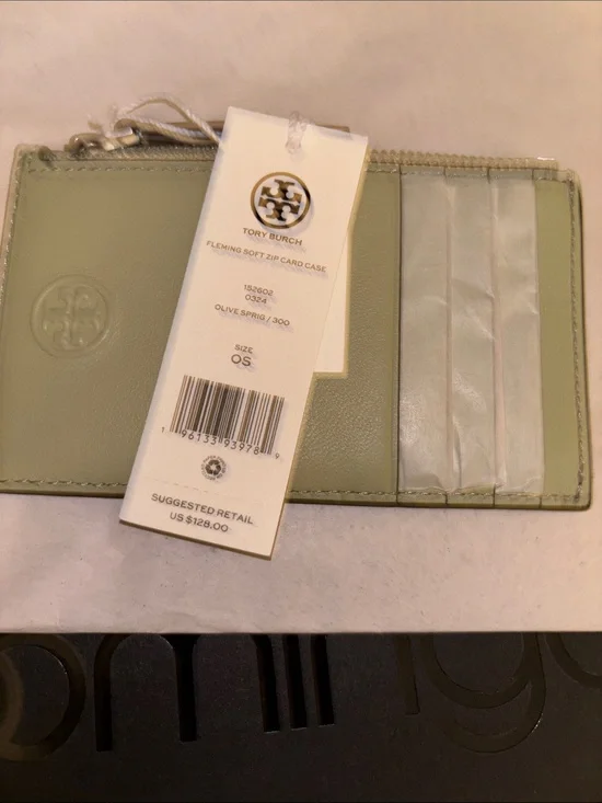 Tory Burch Olive Sprig Leather Zip Card Case